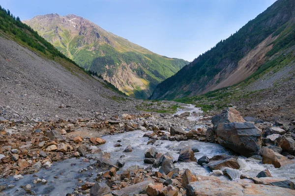 stock image Beautiful mountainous area near Chalaadi glacier on a sunny bright day, Mestia, Georgia. Mountain landscape with river, trees, mountains.