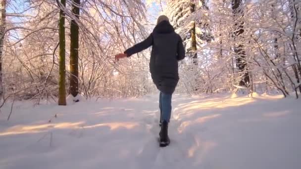 Щаслива Молода Жінка Пальто Джинсах Бігає Розважається Зимовому Парку Або — стокове відео