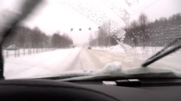 Driving Snow Storm Poor Visibility Driver Glass Road Covered Snow — Stok video