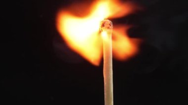 Closeup Match burning and combusting on black background. Match lights up in slow motion arbitrarily from burning air or temperature. No traces of arson. Spontaneous combustion of sulfur .