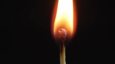 Closeup Match burning and combusting on black background. Match lights up in slow motion arbitrarily from burning air or temperature. No traces of arson. Spontaneous combustion of sulfur .