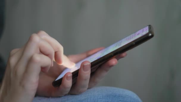 Woman Uses Phone Her Hands Prints Message Makes Online Order — Vídeos de Stock