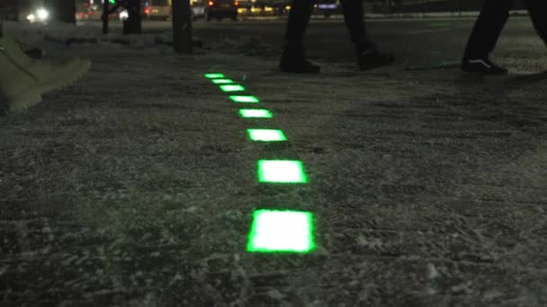 New Modern Traffic Lights Built Glow Sidewalk Pedestrians Phones Front — Vídeo de stock