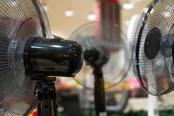 Close-up of electric fans displayed on a shelf in a supermarket on a sunny hot summer day for shopping. Purchase of energy-efficient appliances, the concept of energy saving