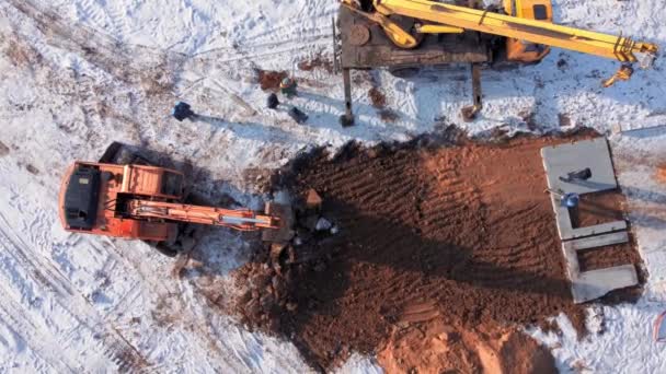 Earthmoving Equipment Aerial View Large Construction Site Several Earthmoving Machines — Stockvideo