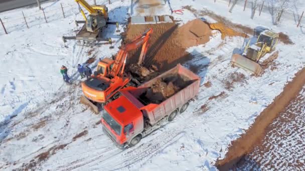 Earthmoving Equipment Aerial View Large Construction Site Several Earthmoving Machines — Video