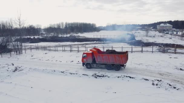 Drone Shooting One Heavy Industrial Yellow Dump Truck Slowly Rides — Stock videók