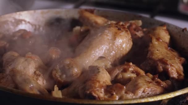 Tasty Chicken Meat Portions Pan Frying Roasting Processing Preparing Food — Stockvideo