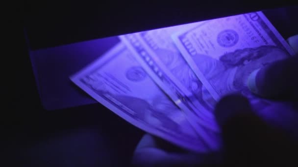 Mjukt Fokus Dollarsedlar Ultraviolett Ljus Porträtt Benjamin Franklin Inspekteras Bakgrund — Stockvideo