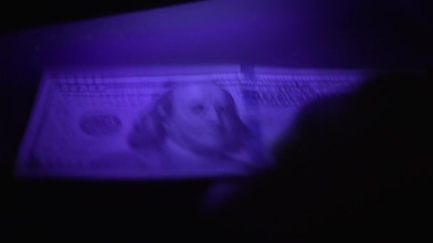 Měkké Zaměření Dolarovou Bankovku Ultrafialovém Světle Portrét Benjamina Franklina Zkontrolován — Stock video