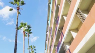 Güneşli yaz günlerinde tatil köyü ya da otelin yanındaki tropikal palmiye ağaçlarının manzaralı yavaş yürüme, onları pek çok gezgin için cazip bir yer haline getiriyor. Güzel palmiye ağaçları, bulutlar, otel.