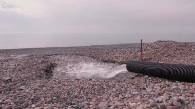 Deniz ve okyanus kirliliği. Ekoloji. Sahildeki kanalizasyon borusundan. Endüstriyel işletmelerin çevre kirliliği sorunu. Deniz hayvanlarının ve kuşların yaşam alanı ve yaşamına tehdit.