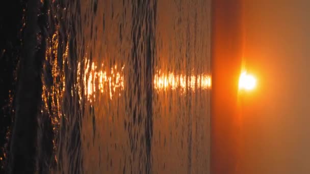 浪漫和神秘的日落给今晚的风景带来了魔力 在水面上反射出来的自然的光芒和宏伟 创造出独特和不可模仿的图像 垂直视频 — 图库视频影像