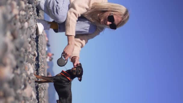 Νεαρή Γυναίκα Κάθεται Στην Παραλία Σκυλάκι Της Τον Τόι Τεριέ — Αρχείο Βίντεο