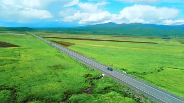 Szary Samochód Osobowy Jedzie Asfaltową Drogą Wzdłuż Zielonych Pól Gór — Wideo stockowe