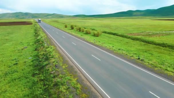 白色卡车沿着绿地行驶在柏油路上 空中风景 鸟瞰风景 货物的交付 货物交付和运输的概念 — 图库视频影像