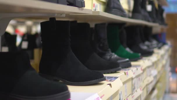 Eredeti Bőrcipő Dobozon Női Cipőbolt Ablakán Fekete Barna Egyéb Színek — Stock videók
