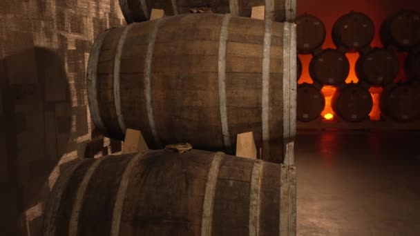 葡萄酒或白兰地桶在酒窖里 伍登葡萄酒桶在远景中 老式橡木桶 工艺啤酒或白兰地 — 图库视频影像