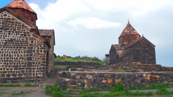 Scenic View Old Sevanavank Church Sevan Armenia Sunny Blue Sky — Stock Video