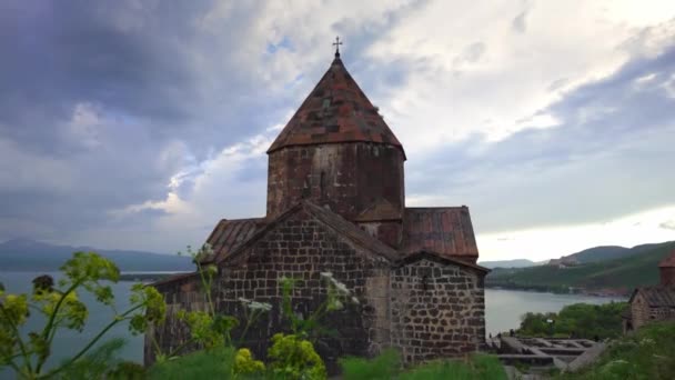 Scenic View Old Sevanavank Church Sevan Armenia Sunny Blue Sky — Stock Video