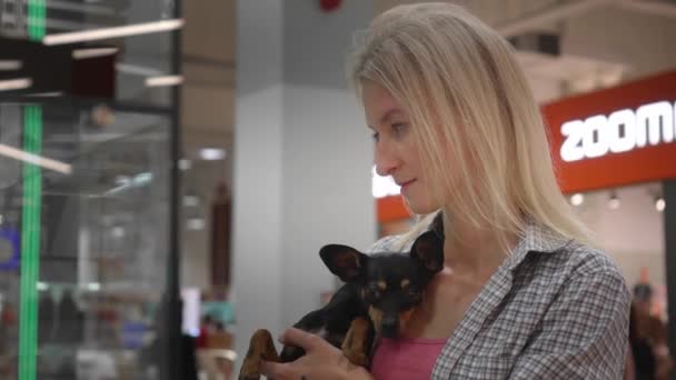 Vrouw Duwt Haar Speelgoed Terriër Hond Haar Armen Tijdens Het — Stockvideo