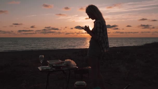 Koncept Pikniku Moři Při Západu Slunce Během Letních Prázdnin Nebo — Stock video