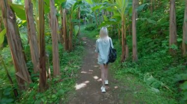 Palmiye ağaçlarının gölgesinde, dikiz aynasından yürüyen güzel bir kadın. Parlak güneşli bir günde, tropik yeşilliklerin arasında yürüyen bir kız. Sırt çantalı bir kadının yağmur ormanlarında yürüyüşü. Bali