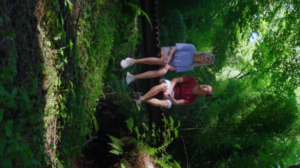 男人和女孩坐在森林里的木桥上 他们喜欢风景和令人难以置信的天性 河水在草丛中流淌 阳光穿过树林 他们恋爱了 垂直视频 — 图库视频影像