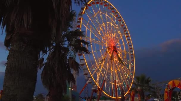在佐治亚州的Tsitsinatela游乐场 明亮的摩天轮点燃着 大摩天轮的夜景 它旋转着 在黄昏时闪烁着光芒 — 图库视频影像