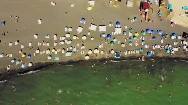 海滩和雨伞的空中景观 呆着别动海滩和蓝色的水佐治亚州沙克维的海滩和蔚蓝的大海 海滩海岸线 人们游泳 日光浴 — 图库视频影像