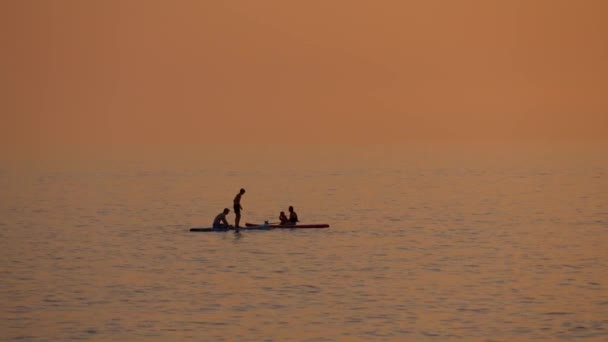 Eine Gruppe Von Leuten Fährt Bei Sonnenuntergang Sup Boote Gleiten — Stockvideo