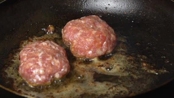 Meat Burgers Cutlet Shaped Patty Being Shallow Fried Oil Frying — Stock Video