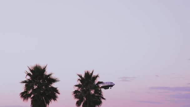 佐治亚州 2023年7月5日 在五彩斑斓的蓝天下着陆的飞机 风景与飞机在蓝天与橙色和粉红色的云 乘坐客机旅行的背景 — 图库视频影像