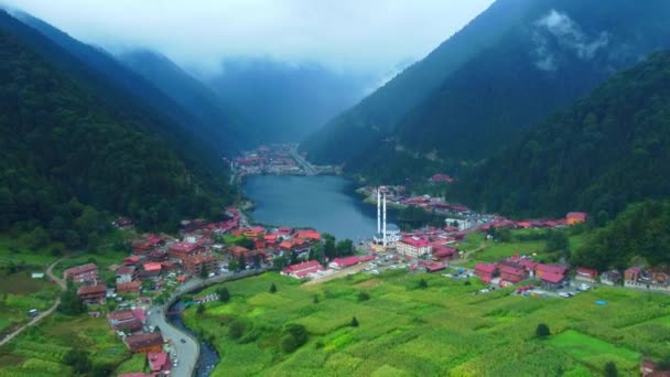 Vista Aérea Lago Uzungol Lago Natural Montaña Ciudad Trabzon Turquía — Vídeos de Stock