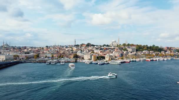 터키에서 이스탄불의 드론보기 보스포러스 해협을 자동차 움직임 보스포러스를 혼이요 승객과 — 비디오