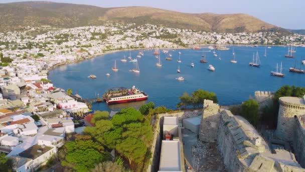Aerial View Large Tourist City Bodrum Turkey Drone View Bay — Stock Video
