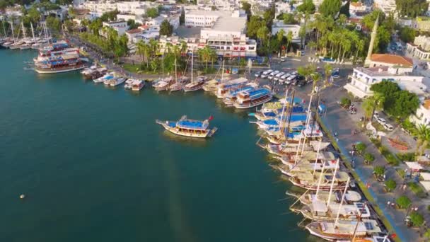 Vista Playa Bodrum Mar Egeo Puerto Deportivo Veleros Ciudad Turquía — Vídeos de Stock