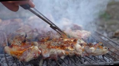 Kırsal kesimde metal ızgarada insan eli mangal pişiriyor. Barbekü taze et dilimleri. Geleneksel oryantal yemek, Şaşlik. Kömür ve alevler üzerine ızgara, piknik, sokak yemekleri