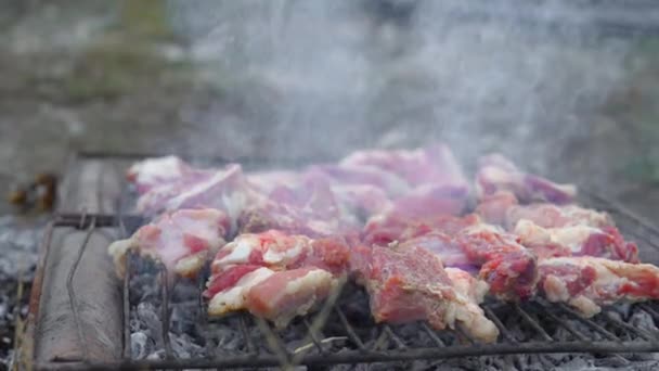 거리에 격자에 바베큐 Bbq 신선한 소고기 고기는 조각을 잘라냅니다 전통적인 — 비디오