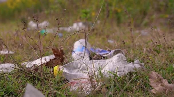 Σκουπίδια Σκουπιδιών Στο Δάσος Τυχαία Απόρριψη Στη Φύση Βρωμερός Σωρός — Αρχείο Βίντεο
