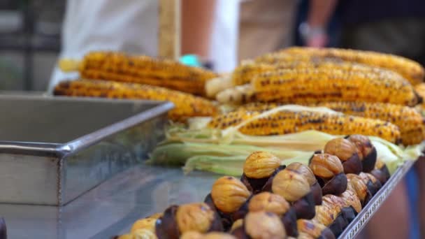 Beroemde Goedkoopste Turkse Street Food Gegrilde Maïs Geroosterde Kastanjes Kar — Stockvideo