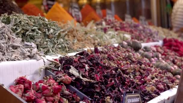 阿拉伯香料在市场上 土耳其伊斯坦布尔埃及香料市场Misir Carsisi的土耳其菜中使用的不同颜色和味道的香料堆栈上的选择性模糊 — 图库视频影像