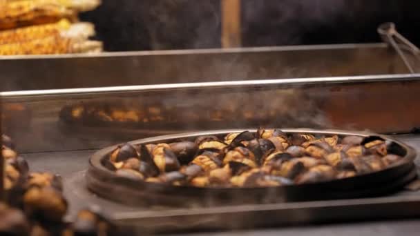 最有名的土耳其街头食品 伊斯坦布尔的面包车里有烤玉米和烤栗子 穿上衣服卖主在旅游胜地包里煎和卖 — 图库视频影像