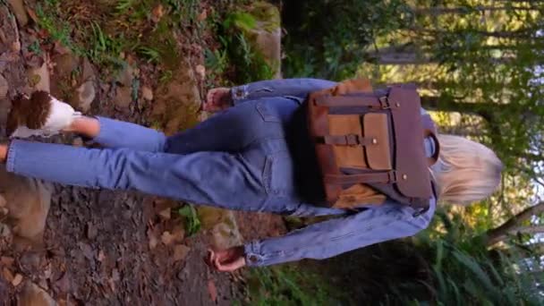 Kobieta Drelichu Garnitur Plecakiem Zwiedzanie Bujnej Dżungli Lesie Spacery Wzdłuż — Wideo stockowe