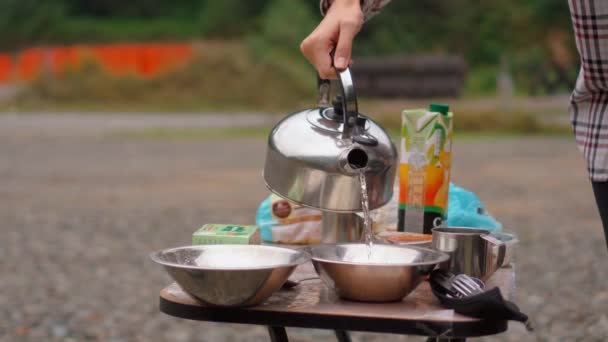 Piknik Jelenet Természetben Asztali Készlet Élelmiszer Vannak Tányérok Asztalon Inges — Stock videók