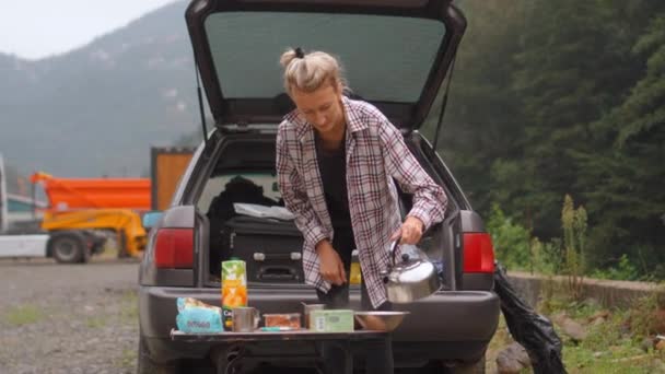 Picknick Scene Natuur Met Tafel Gedekt Voor Voedsel Vrouw Shirt — Stockvideo