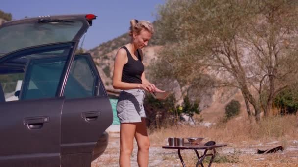 Młoda Kobieta Koszulce Szorty Stojące Pobliżu Samochodu Malowniczym Miejscu Piknik — Wideo stockowe