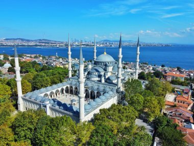 Güneşli bir günde Mavi Cami veya Sultanahmet Camii 'nin güzel insansız hava aracı manzarası, İstanbul ve Türkiye.
