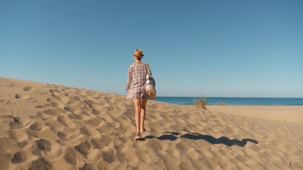 Красива Молода Жінка Капелюсі Пляжній Сорочці Йде Величезному Піщаному Пляжі — стокове відео