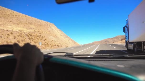 First Person View Car Asphalt Road Windshield Car Driver Hands — Stock Video